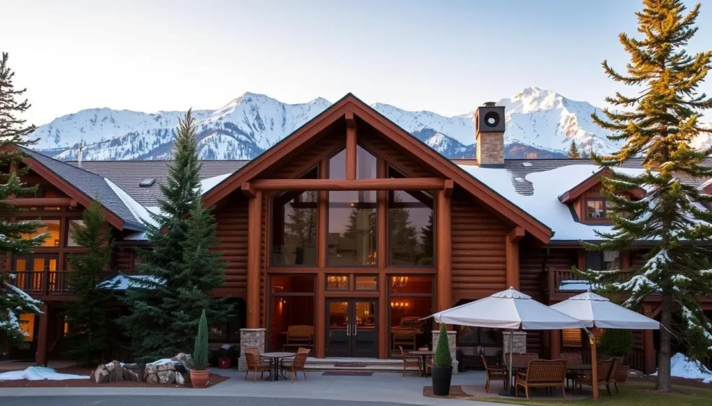 Cozy mountain lodge in Mammoth Lakes with snow-covered peaks in the background