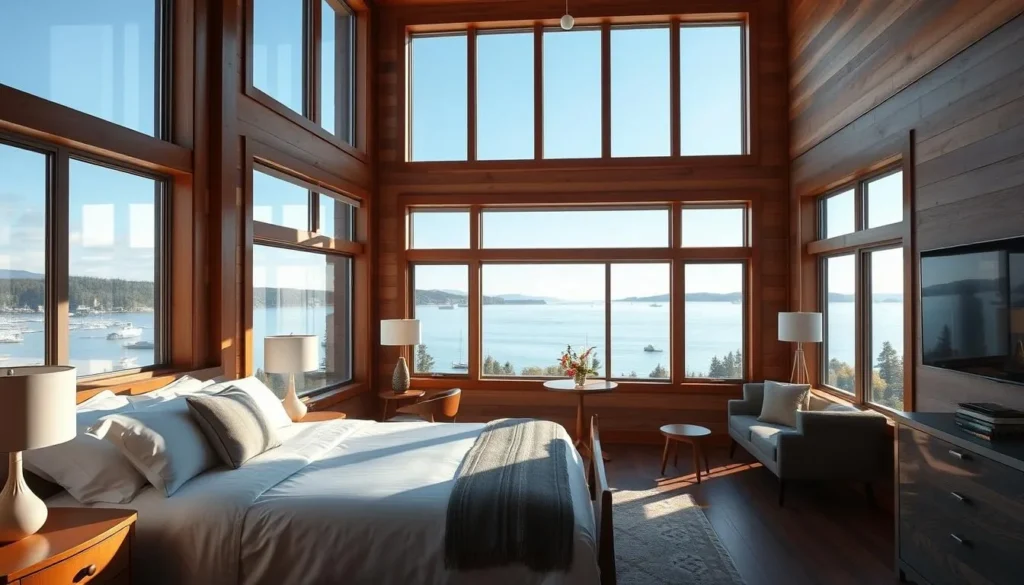Cozy waterfront hotel room in Poulsbo with view of Liberty Bay
