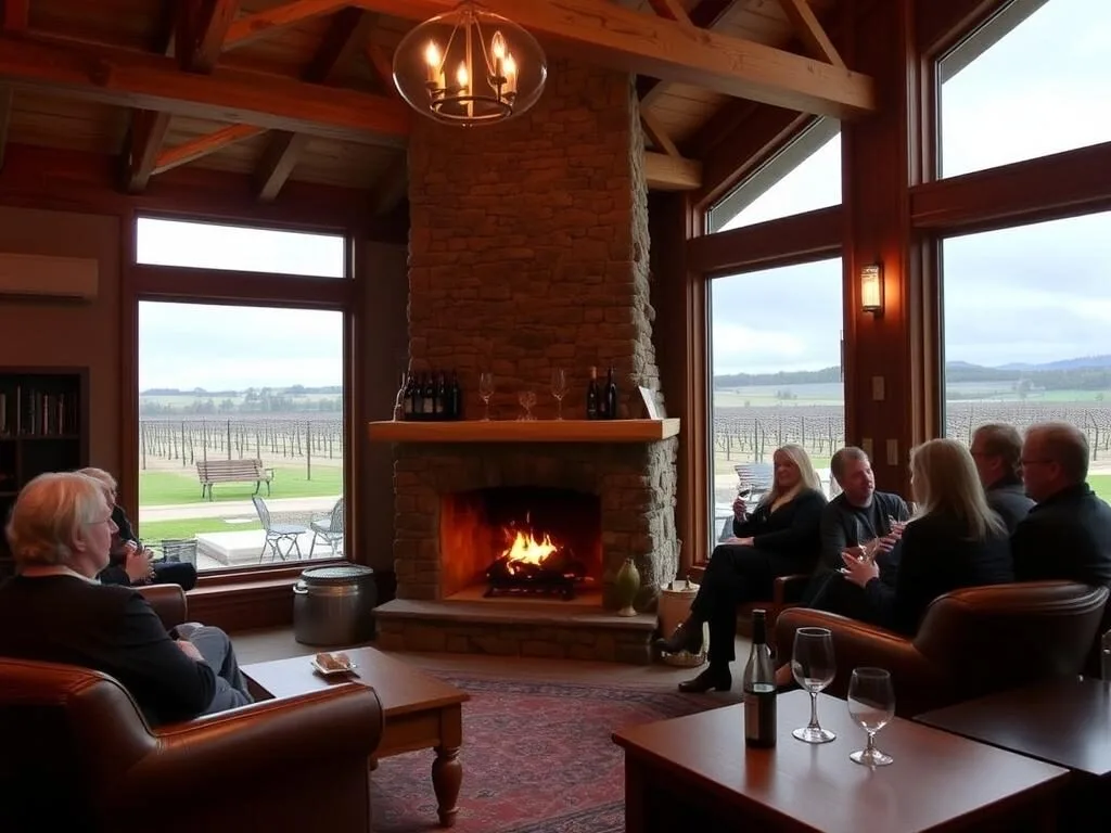 Cozy winter winery tasting room in McLaren Vale with fireplace and wine glasses, perfect for off-season McLaren Vale South Australia things to do