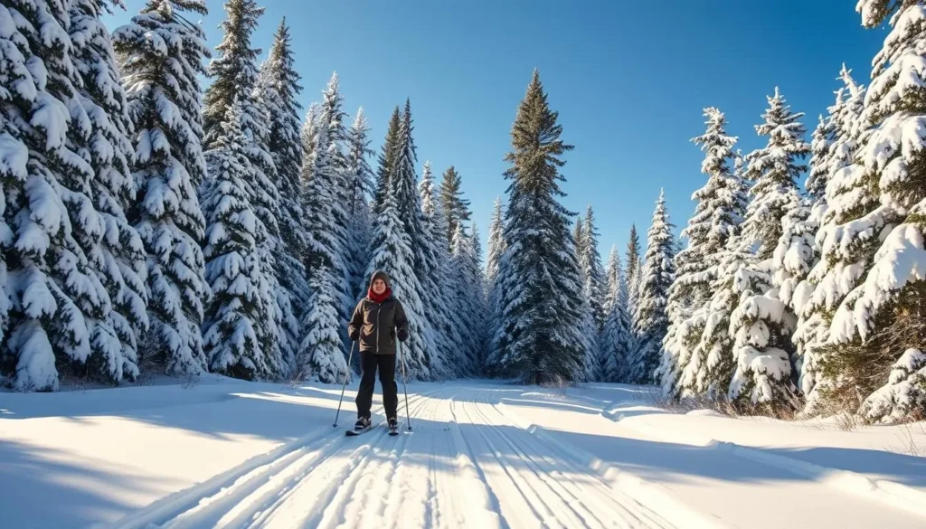 Cross-country skier on a snow-covered trail through pine forest in Killarney Provincial Park