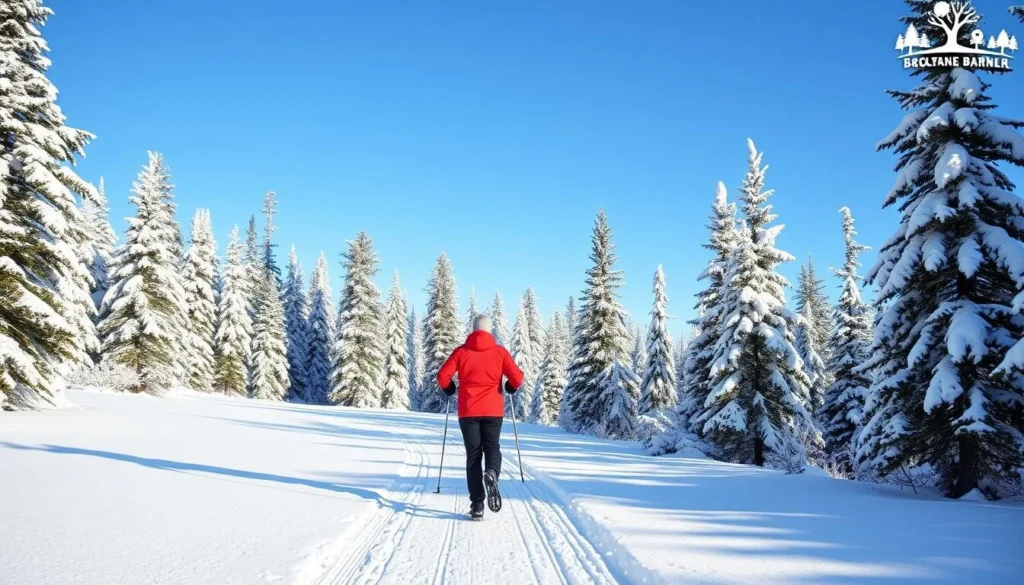 Cross-country skier on a winter trail in Killarney Provincial Park with snow-covered pine trees - winter things to do in Killarney, Ontario