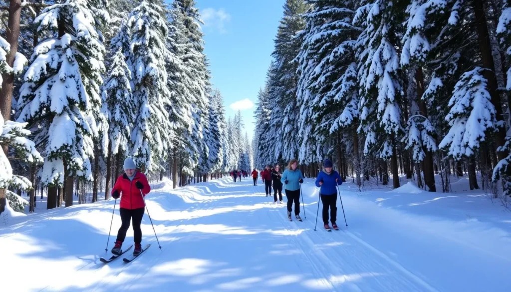 Cross-country skiers on a groomed trail through snow-covered forest in Algonquin Provincial Park