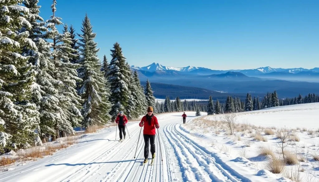 Cross-country skiing at Echo Ridge with snow-covered trails and mountain views