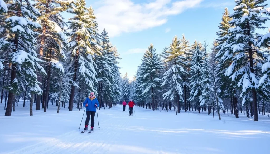 Cross-country skiing on winter trails at Copper Falls State Park