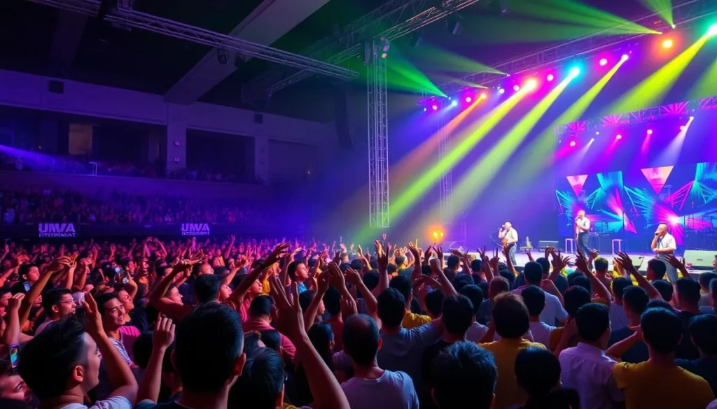 Crowds enjoying performances at the Jakarta International Java Jazz Festival with colorful stage lighting and enthusiastic audience