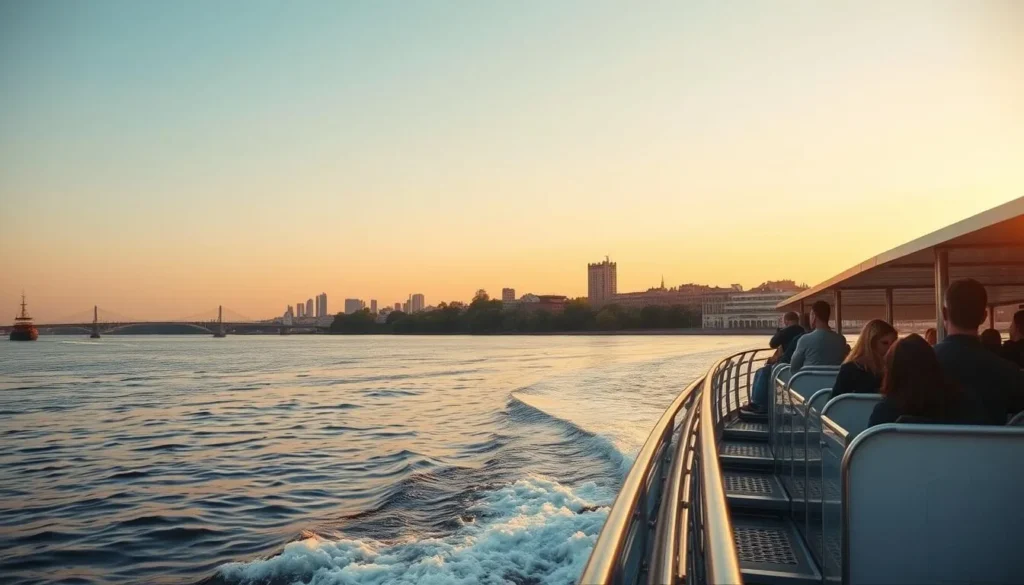 Cruise boat on the Volga River with passengers enjoying the scenery