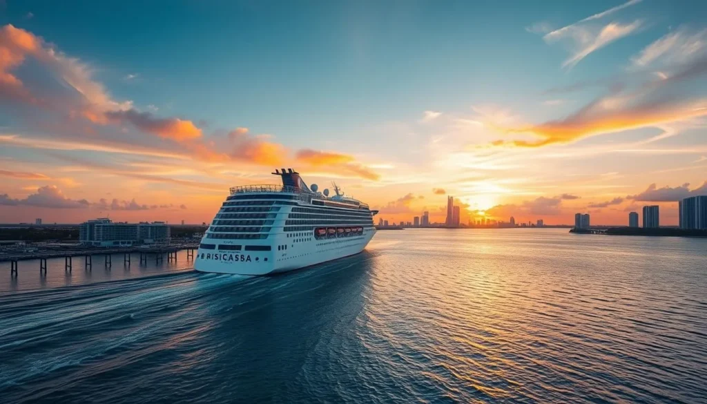 Cruise ship departing from Miami with Biscayne Bay and national park waters visible Cruise ship departing from Miami with Biscayne Bay and national park waters visible