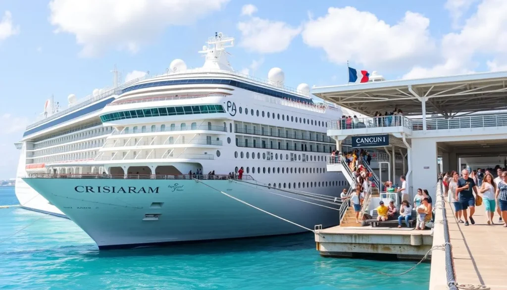 Cruise ship docked at Cancun port with passengers disembarking