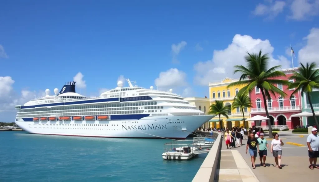 Cruise ship docked at Nassau port with colorful buildings visible in background