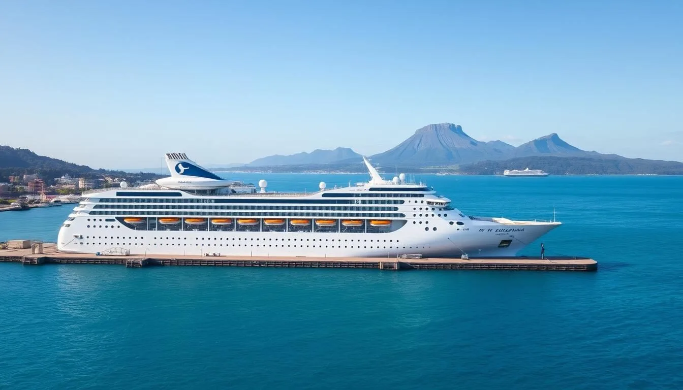 Cruise ship docked at Port of Tauranga with Mount Maunganui in the background