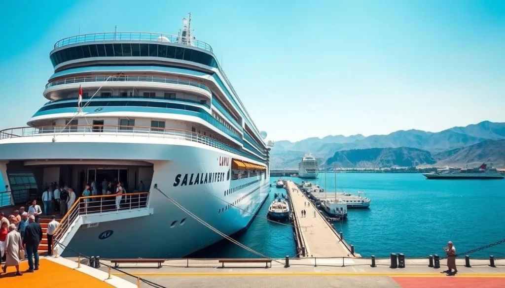 Cruise ship docked at Salalah Port with passengers disembarking