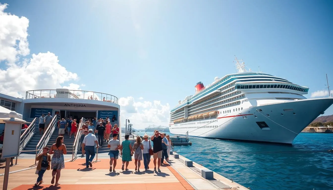 Cruise ship docked at St. John's harbor in Antigua with passengers disembarking