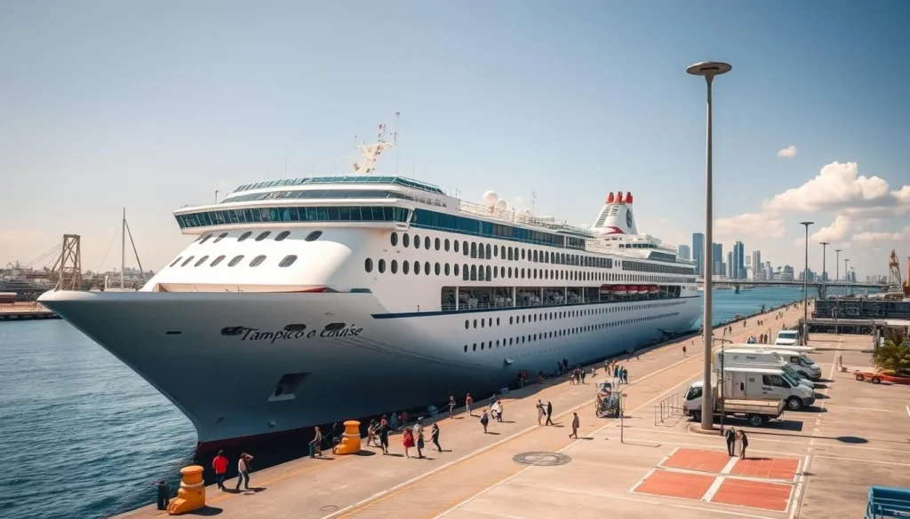 Cruise ship docked at Tampico port with tourists disembarking