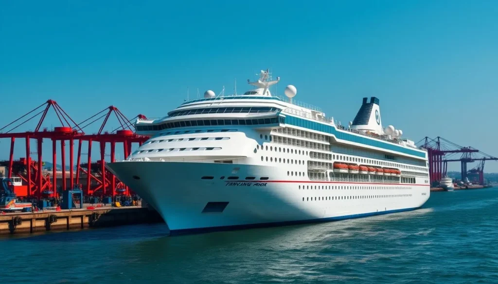 Cruise ship docked at Tanjung Priok Port in Jakarta, transportation option for a weather-savvy trip to Jakarta, Indonesia