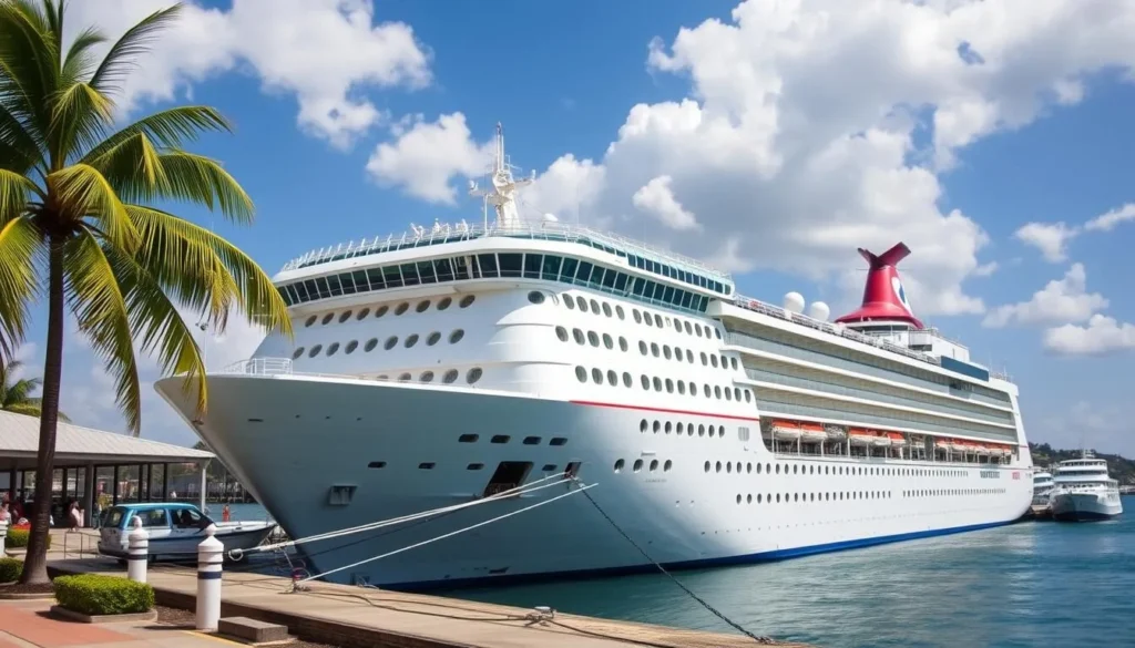 Cruise ship docked at a port near Holguín with passengers disembarking