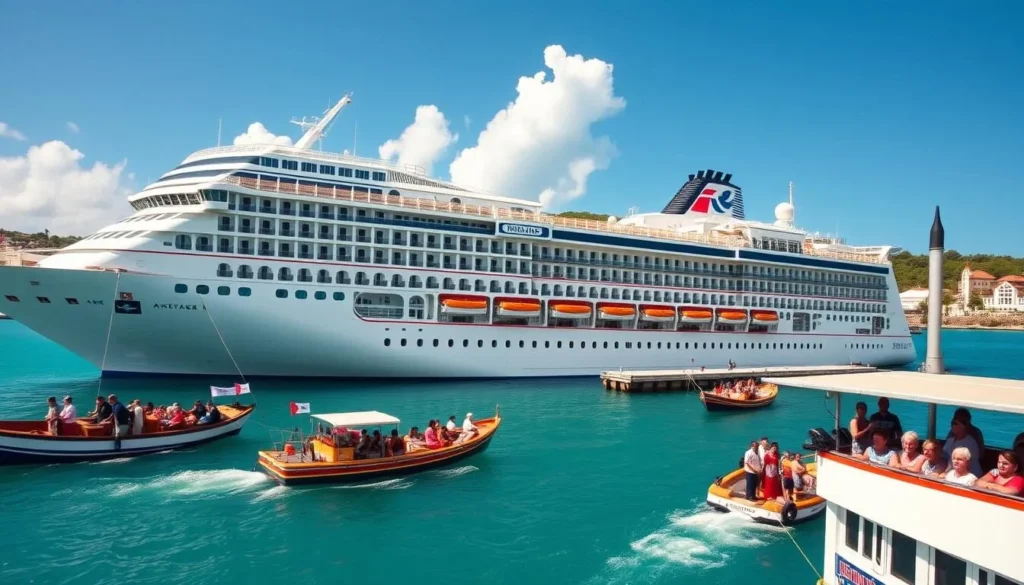 Cruise ship docked near English Harbour with passengers disembarking, Antigua and Barbuda