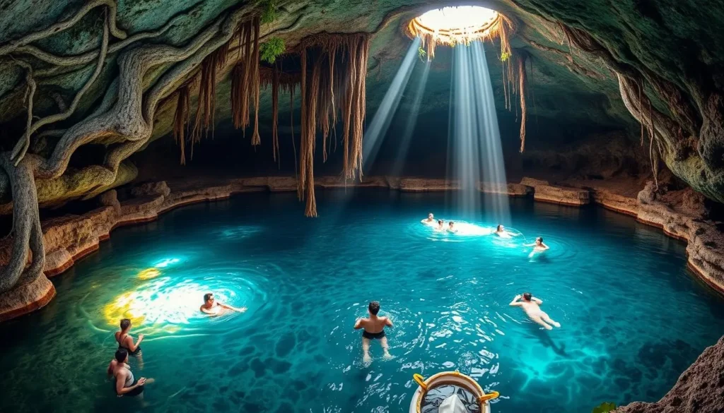 Crystal clear cenote with swimmers and natural limestone formations in Quintana Roo, Mexico