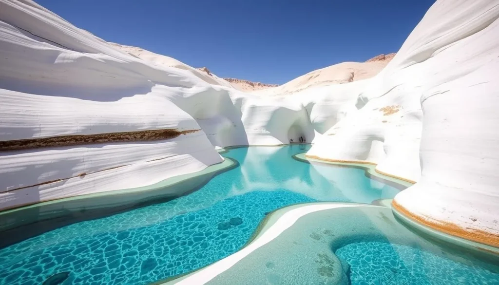 Crystal clear pools in Kalisan Wadi canyon in Socotra with white limestone walls