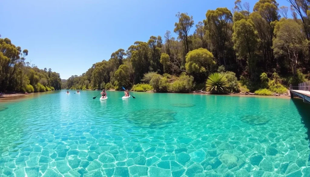 Crystal clear turquoise waters of Cudgen Creek in Kingscliff New South Wales with people paddleboarding