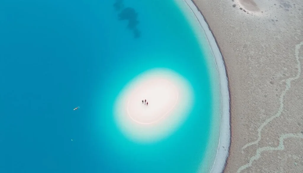 Crystal clear waters and white sand beach of Kodingareng Keke Island with snorkelers exploring coral reefs