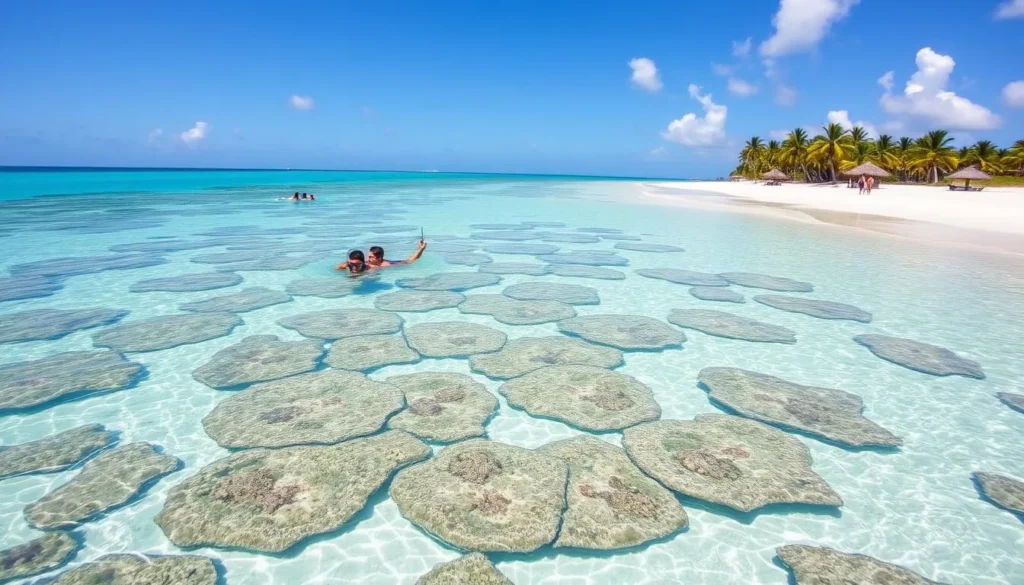 Crystal clear waters at Holetown Beach with snorkelers exploring coral reefs