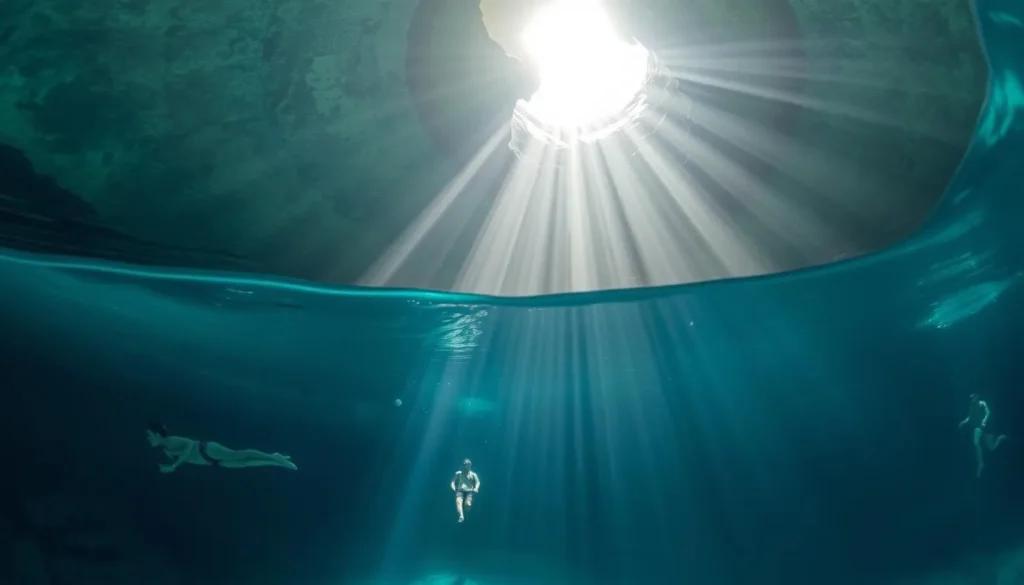 Crystal clear waters of Gran Cenote near Tulum showing underwater limestone formations and swimmers
