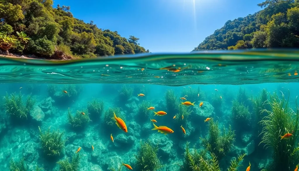 Crystal clear waters of Rio da Prata in Bonito with underwater view of fish Crystal clear waters of Rio da Prata in Bonito with underwater view of fish