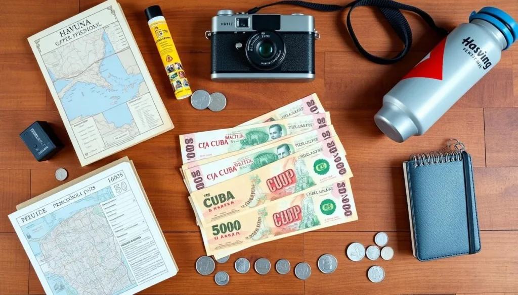 Cuban currency notes and coins displayed with travel essentials - best things to do in Cuba