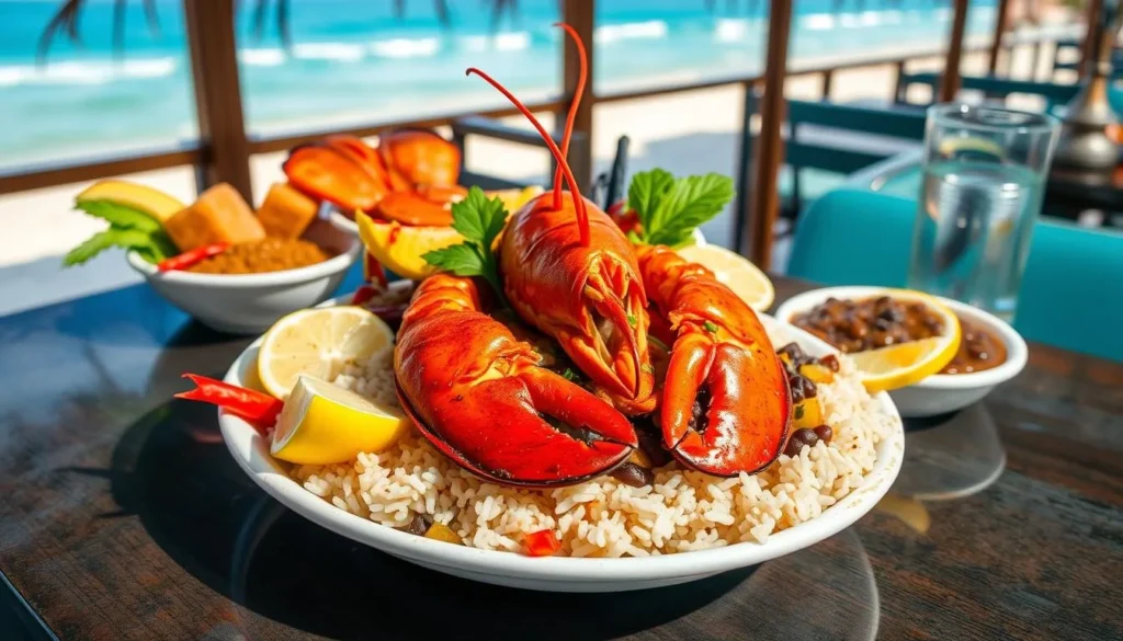 Cuban seafood dish with lobster and rice served at beach restaurant