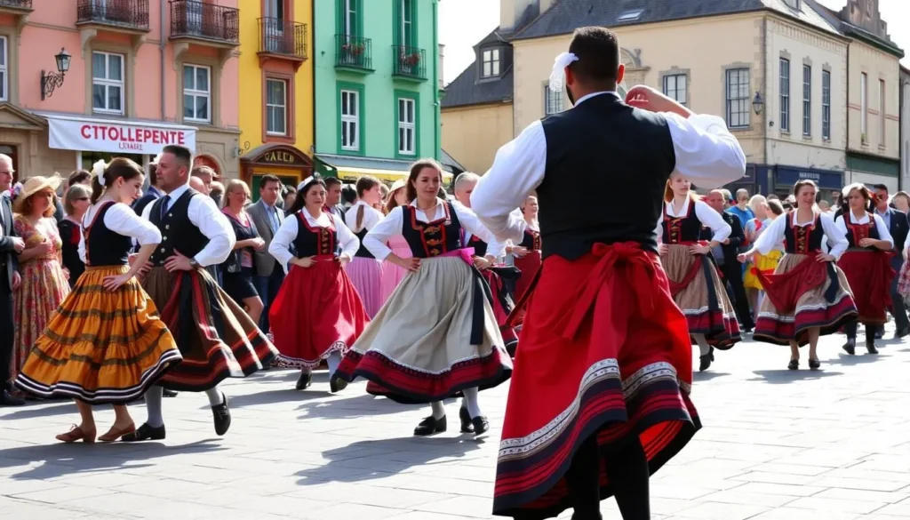 Cultural festival in Saint-Malo with traditional Breton dancers performing in traditional costumes Cultural festival in Saint-Malo with traditional Breton dancers performing in traditional costumes