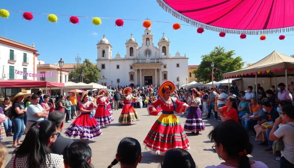 Cultural festival in Tlalnepantla de Baz with traditional dancers in colorful costumes performing in the main plaza Cultural festival in Tlalnepantla de Baz with traditional dancers in colorful costumes performing in the main plaza