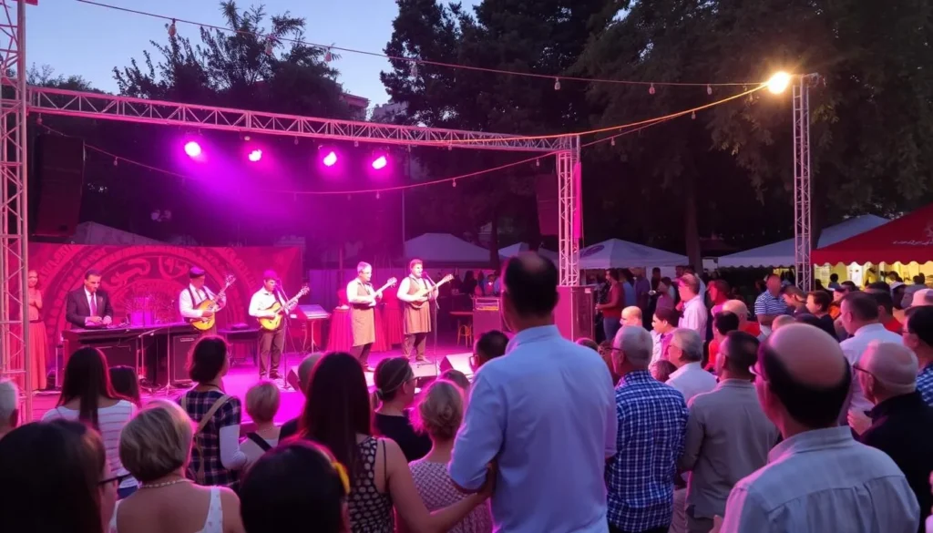 Cultural festival in Zahle with traditional Lebanese music performance and diverse audience