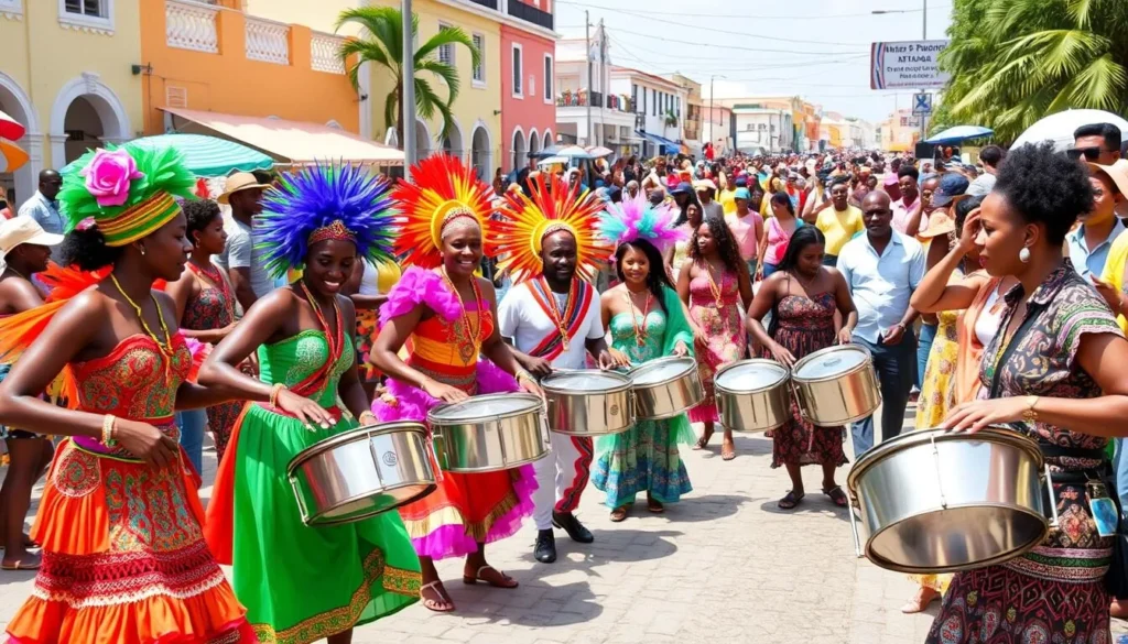 Cultural festival with colorful costumes and music in Antigua
