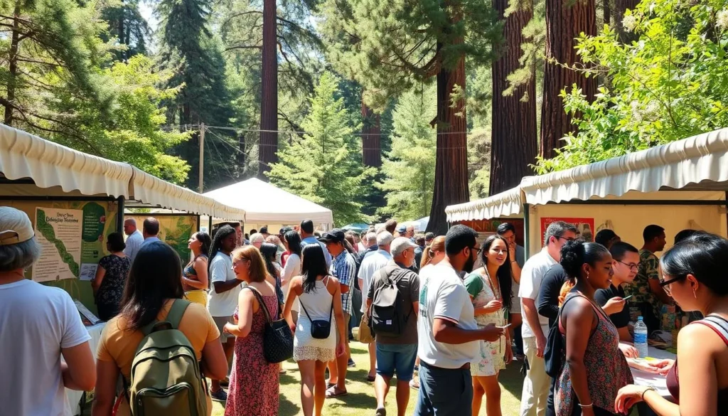 Cultural festival with diverse visitors enjoying outdoor activities near Azalea State Natural Reserve