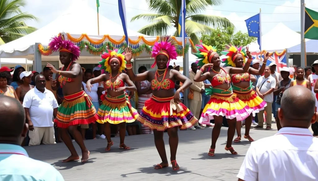 Cultural performance with dancers in colorful costumes at Oistins festival