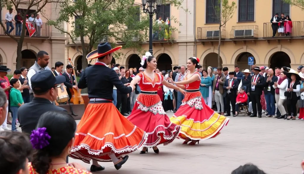 Cultural performance with traditional dancers in colorful costumes at Plaza Hidalgo