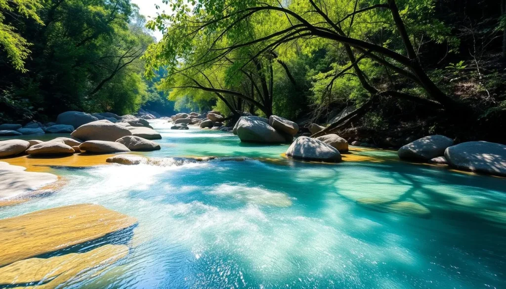 Cupatitzio River flowing through the national park during dry season with clear blue water