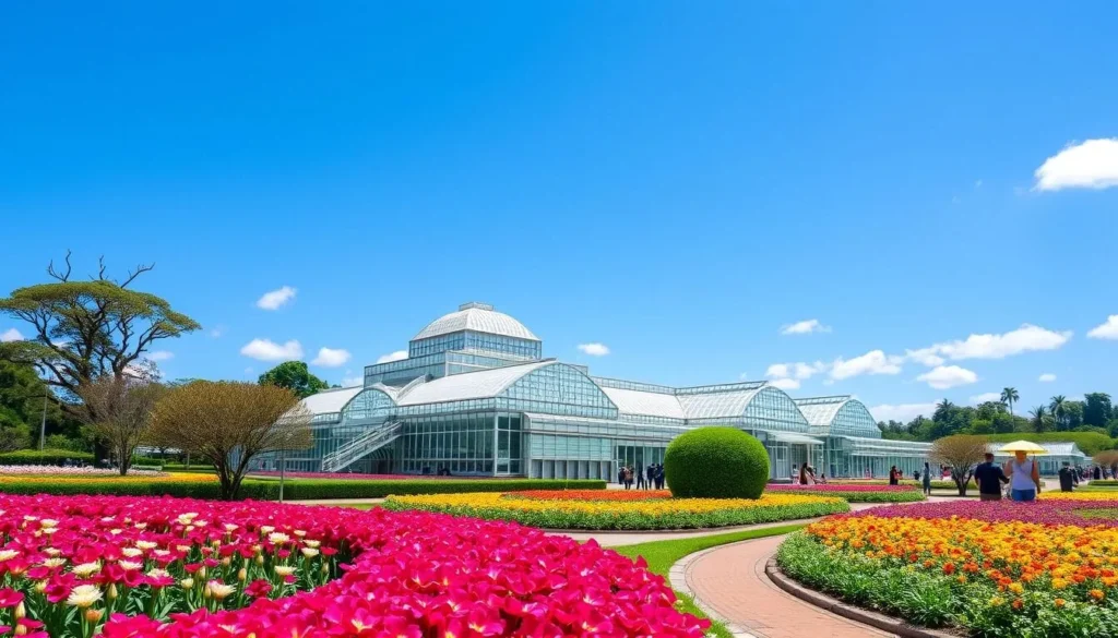 Curitiba Botanical Garden in spring with colorful flowers in bloom and the iconic glass greenhouse