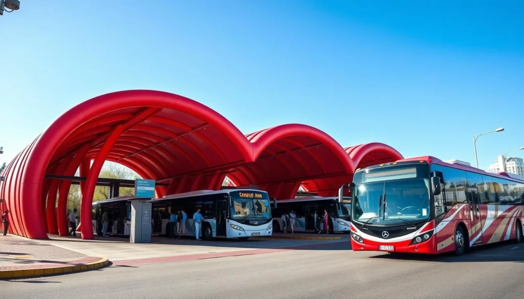 Curitiba's modern bus system with distinctive red tube stations that the city is famous for