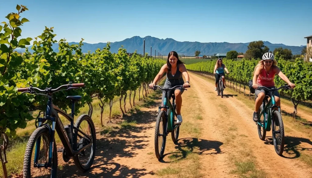 Cycling through vineyards in Pokolbin on electric bikes Cycling through vineyards in Pokolbin on electric bikes