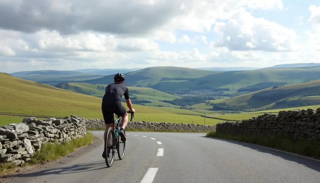 Cyclist on a scenic road in the Yorkshire Dales with rolling hills in background