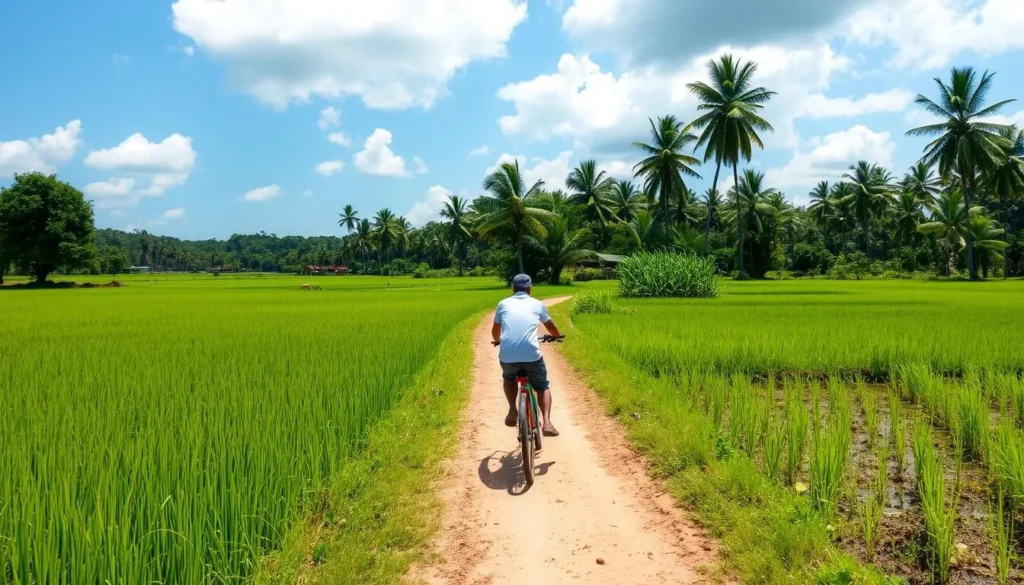 Cyclist riding along a dirt path through rice fields on Don Khone island in Si Phan Don, Laos