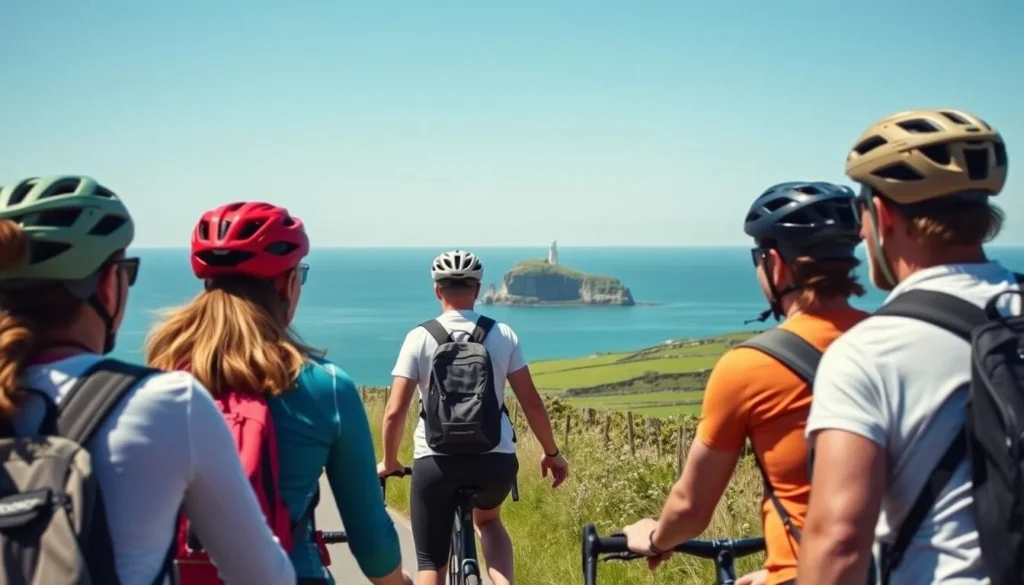 Cyclists exploring the Anglesey Coastal Path with views of South Stack Lighthouse
