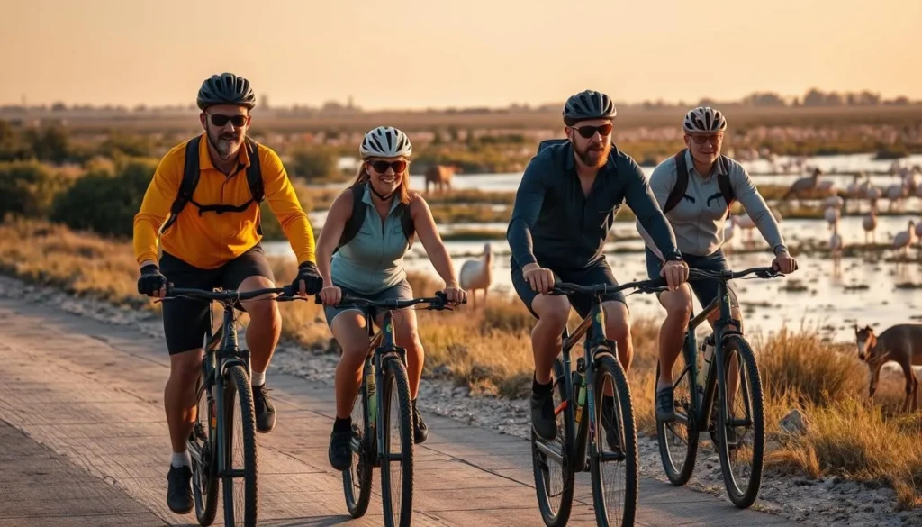 Cyclists exploring the Camargue wetlands near Arles with flamingos and wild horses in the background Cyclists exploring the Camargue wetlands near Arles with flamingos and wild horses in the background