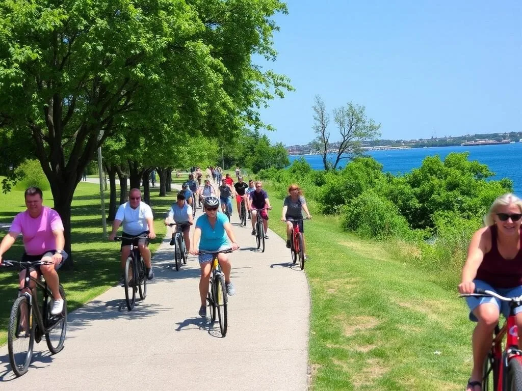 Cyclists on the East Bay Bike Path in Bristol Rhode Island with water views Cyclists on the East Bay Bike Path in Bristol Rhode Island with water views