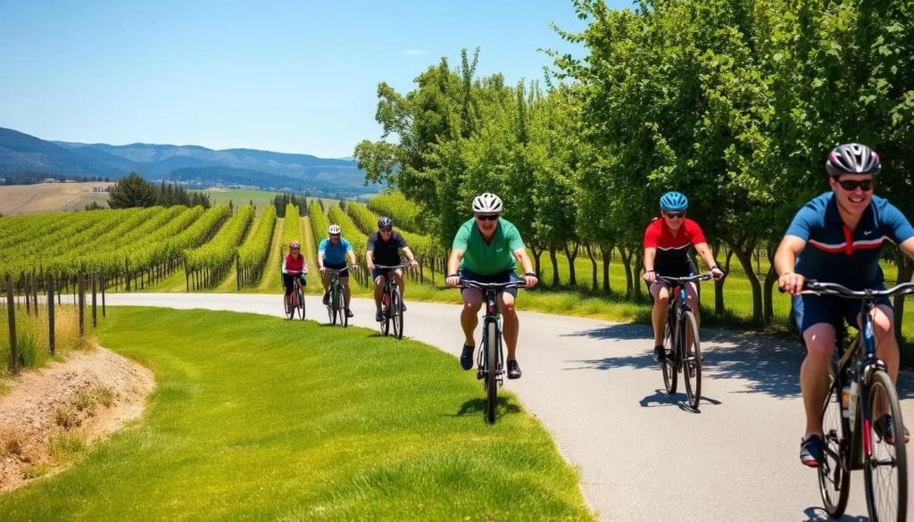 Cyclists on the Hawke's Bay Trails passing by vineyards on a sunny day