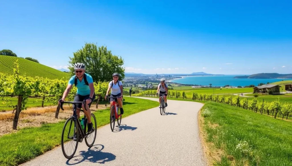 Cyclists on the Hawke's Bay Trails with vineyards and coastal scenery Cyclists on the Hawke's Bay Trails with vineyards and coastal scenery