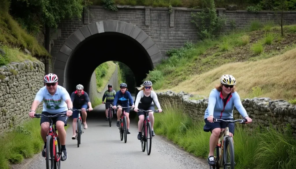 Cyclists on the Monsal Trail passing through a tunnel in the Peak District Cyclists on the Monsal Trail passing through a tunnel in the Peak District