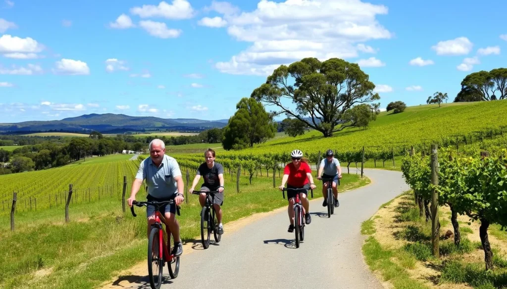 Cyclists on the Shiraz Trail in McLaren Vale with vineyard views, showcasing outdoor McLaren Vale South Australia things to do