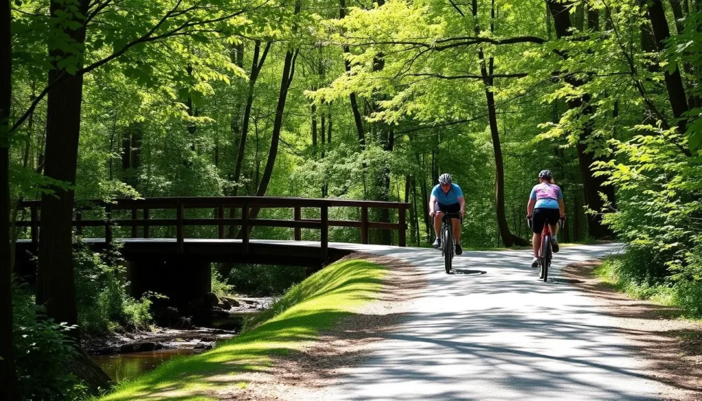 Cyclists on the Tweetsie Trail crossing a wooden trestle bridge Cyclists on the Tweetsie Trail crossing a wooden trestle bridge